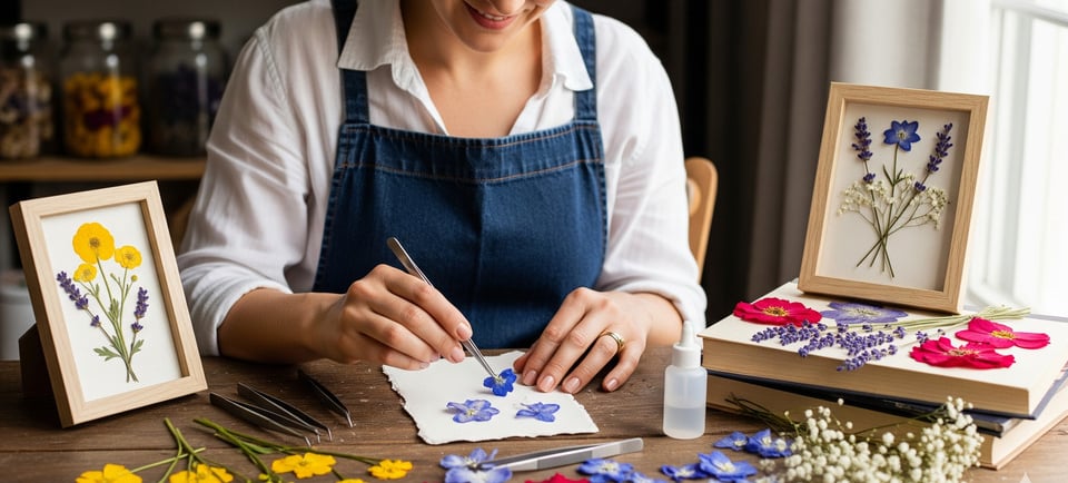 woman makes pressed flower art
