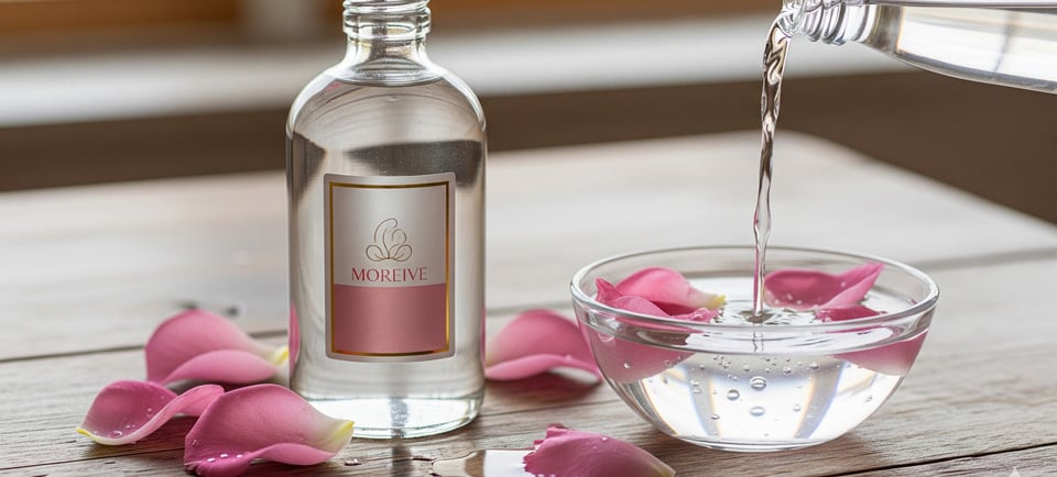 close up of rose water bottle and bowl