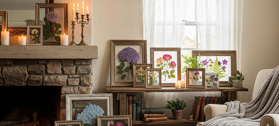framed pressed flower art in living room