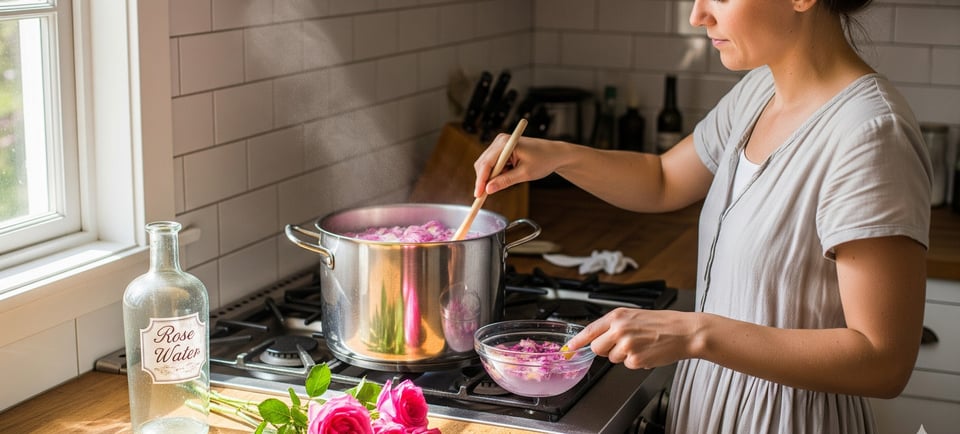 woman boiling a pot of rose petal water
