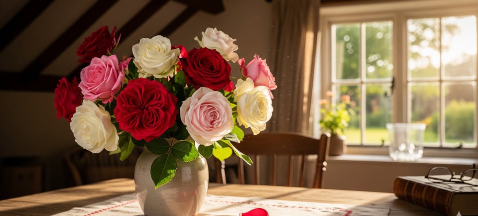 colorful bouquet of flowers in ceramic vase on table