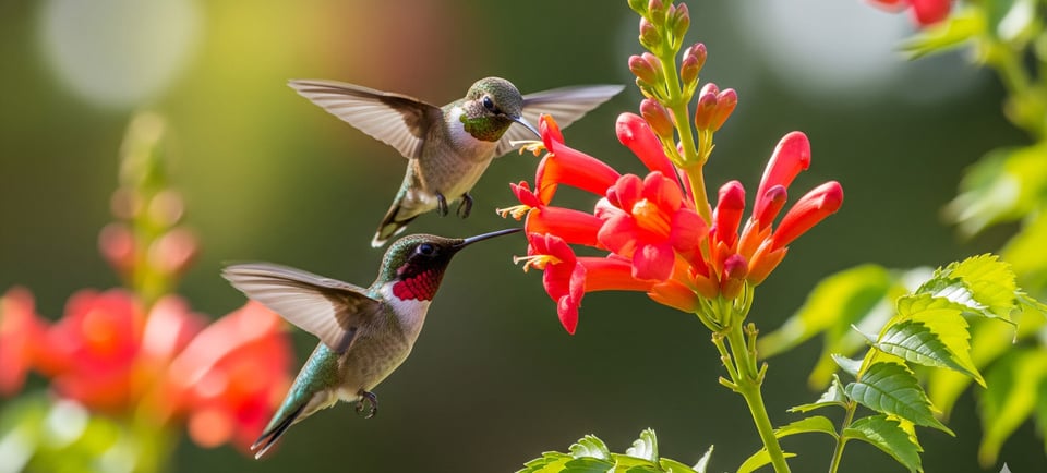 two hummingbirds attracted to red plant