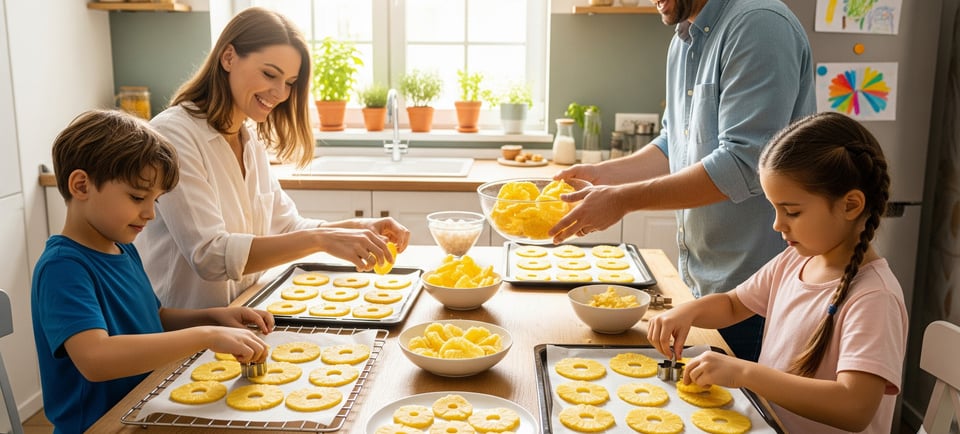 happy family making dried pineapple flowers
