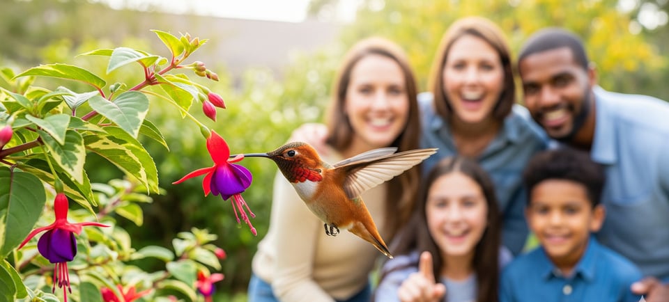 hummingbird next to plant with family in background