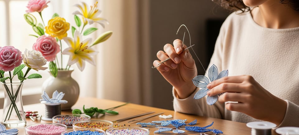 woman at table making french beaded flowers