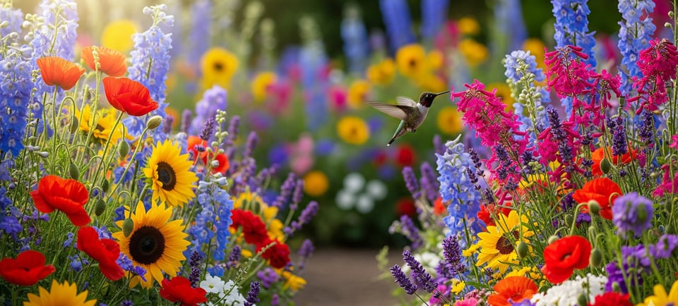hummingbird flying next to colorful pink flowers
