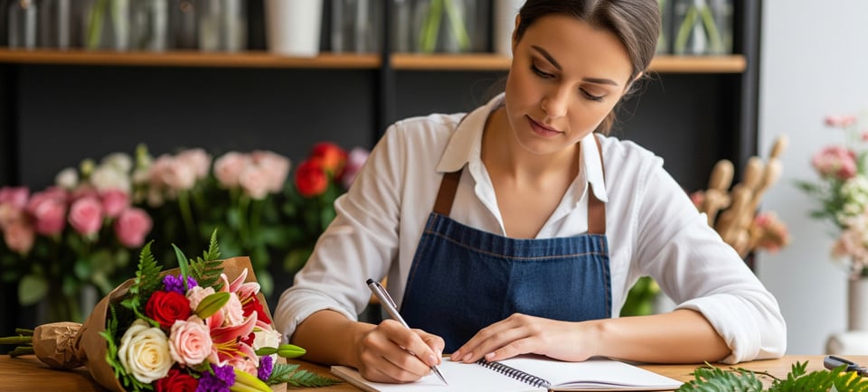 florist at desk taking notes