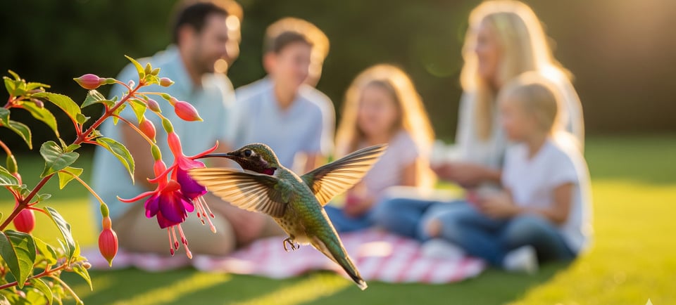 hummingbird and flowers with family in background