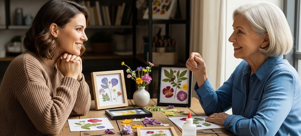 older woman and younger woman talk at table