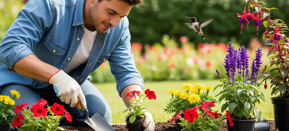 man gardening with hummingbird hovering