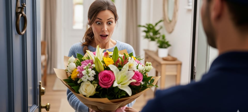 surprised woman recieves flower delivery