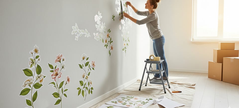 woman placing floral wall decals on wall
