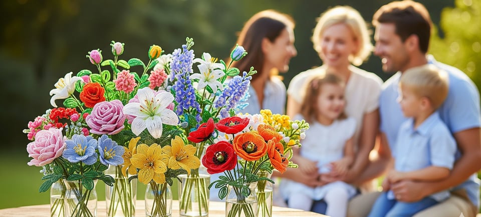 french beaded flowers with family in background