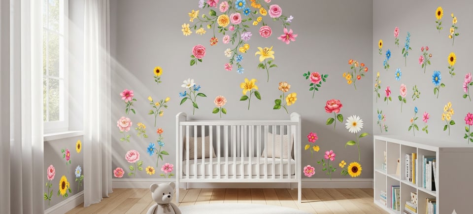 floral wall decals behind baby cot