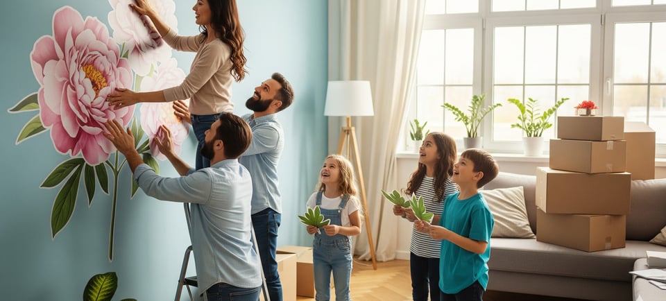 happy family putting up floral wall decals