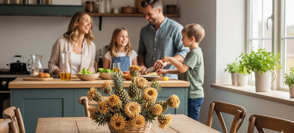 homemade pine cone flowers on table