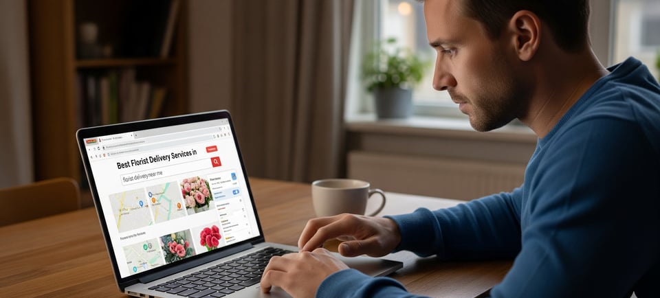 man ordering same day flowers on laptop