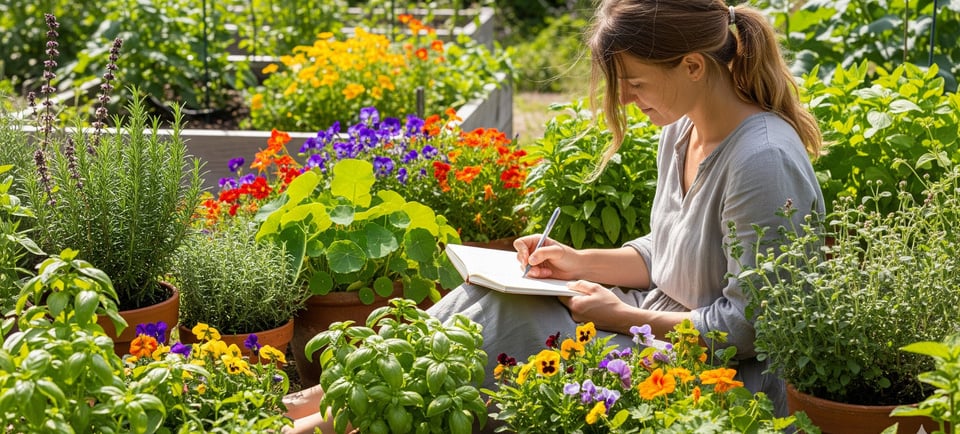 woman sat taking notes amidst flowers