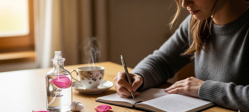 woman writing in notebook with rose water on table