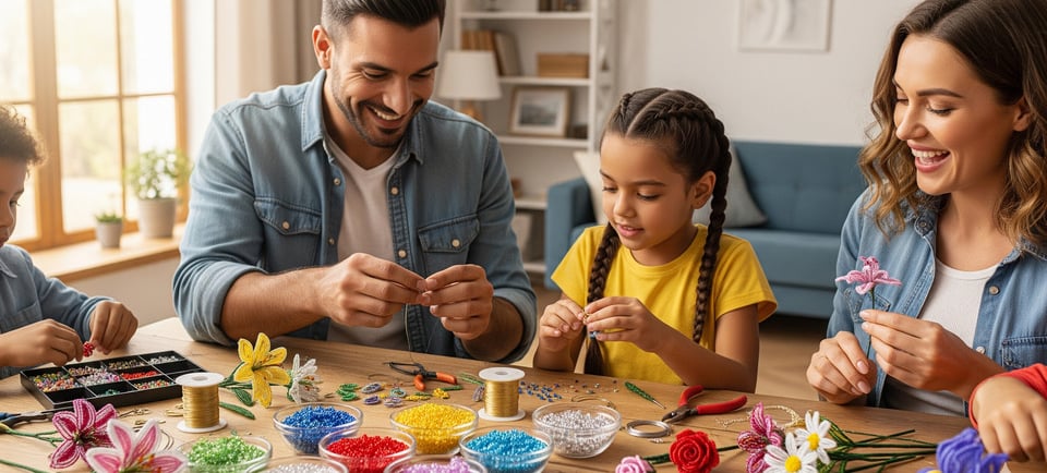 happy family making flowers with beads