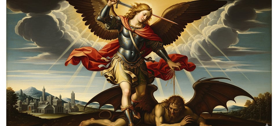 renaissance style art of saint michael slaying demon