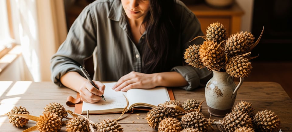 woman taking notes with pineapple flowers on desk