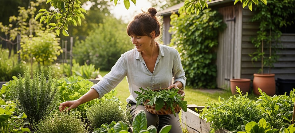 woman in garden seleting wild edible plants