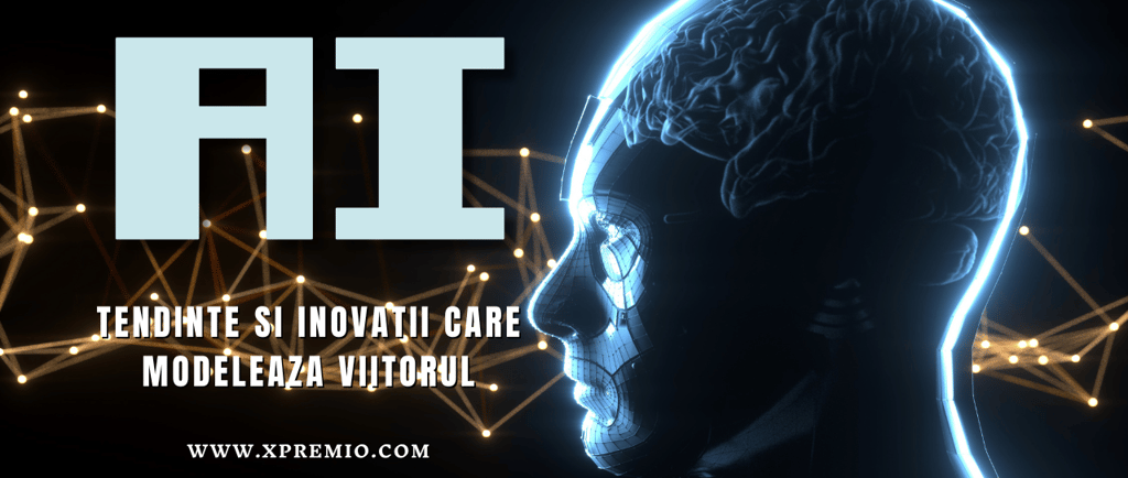 Un profil uman stilizat, realizat din linii luminoase albe pe un fundal negru, se contopeste cu un circuit electronic complex