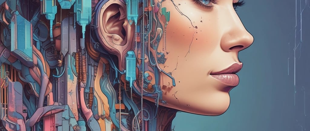 A woman with a futuristic biomechanical headpiece