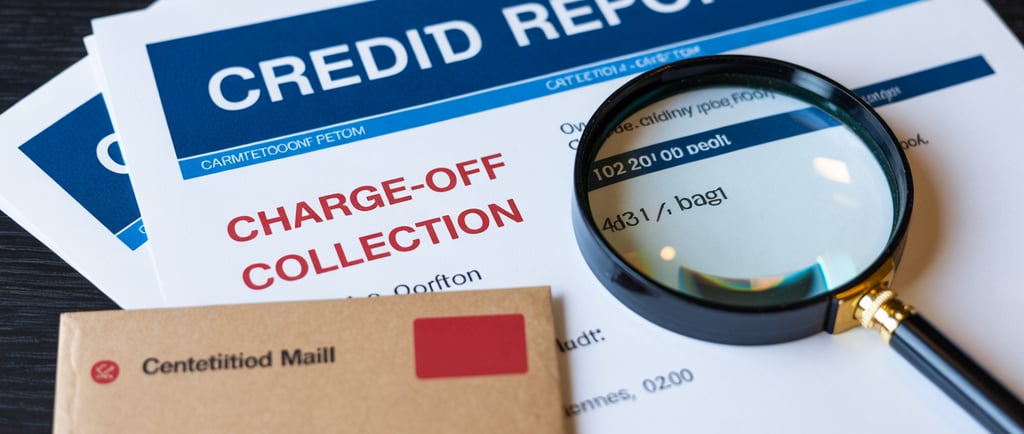 “Credit report showing past-due and charge-off accounts highlighted in red, with a magnifying glass 