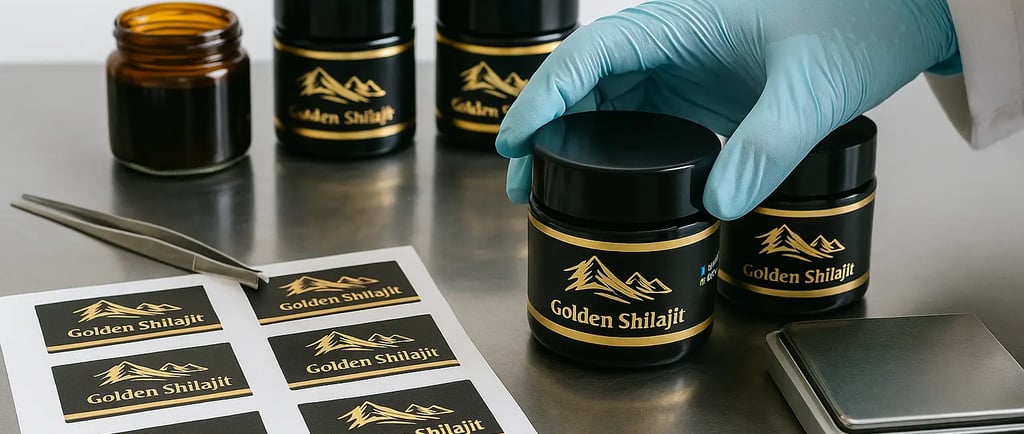 a person in gloves and gloves holding a pair of golden shilajit jars