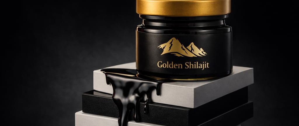 Golden Shilajit resin dripping from a premium black jar on a modern display stand.