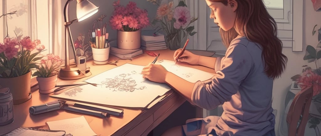 girl sat at bedroom desk drawing flowers