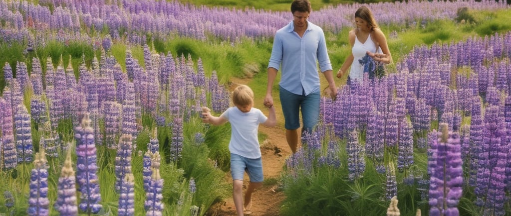happy family walking through field of lupine flowers