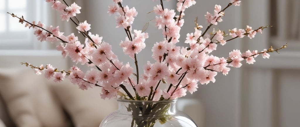 pink cherry blossoms in glass jar in home