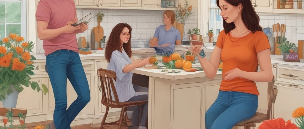 family in kitchen while somone draws flowers