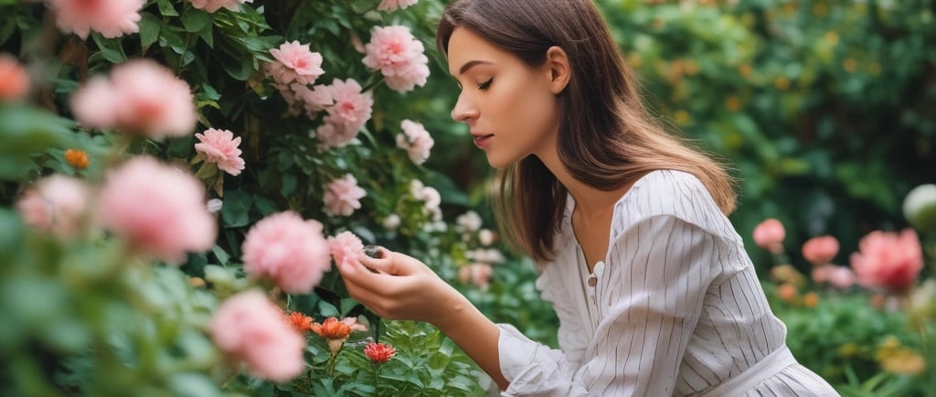 woman looking closely at pink flowers in garden