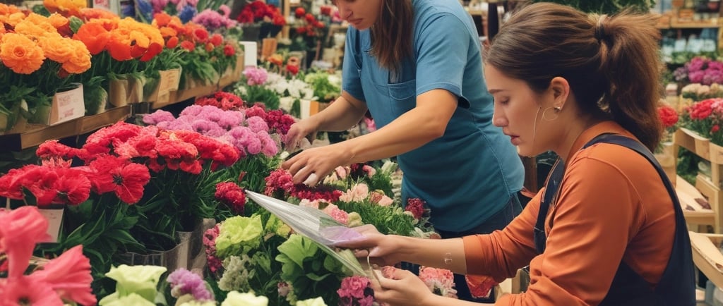 women working at trader joes flowers