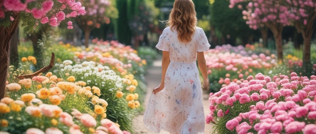 woman walking down a path in beautiful flower garden