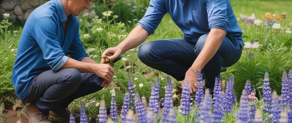 gardeners checking lupine flowers in garden