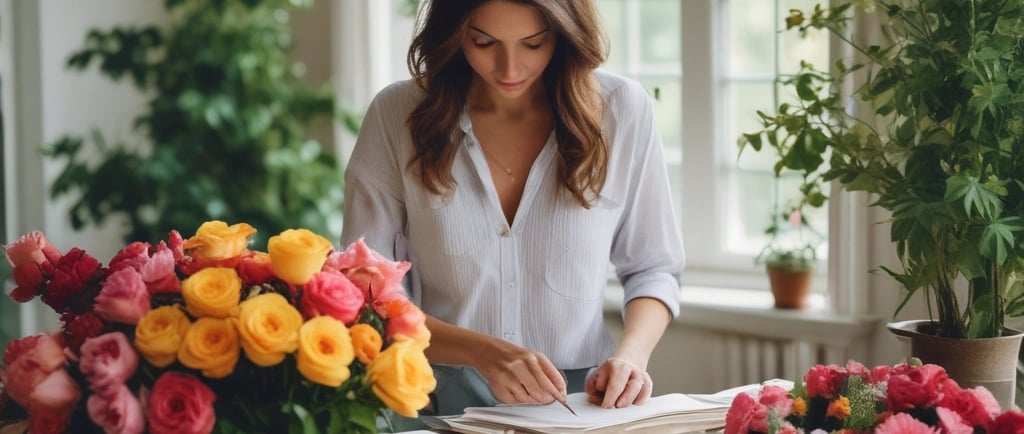 woman staniing and reading from notes in notebook with flowers nearby
