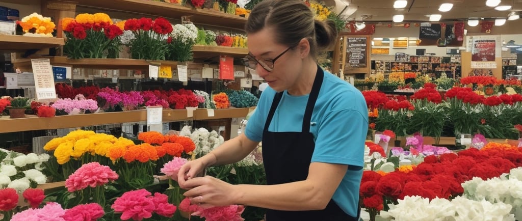 woman arranging floral designs at trader joes