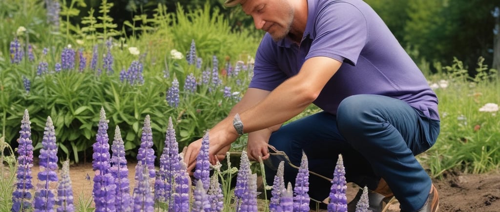 man in garden planting flowers with lupine flowers all around