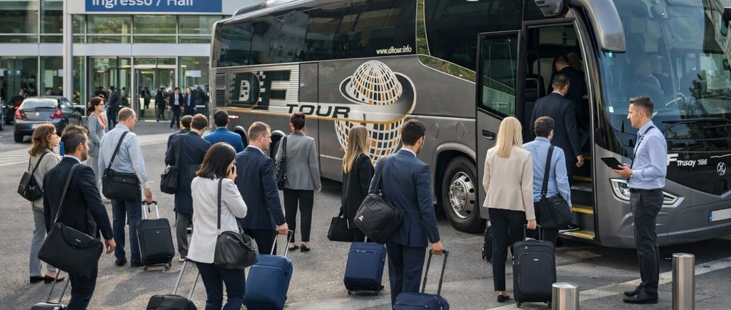 Gruppo aziendale in partenza su autobus con conducente per fiera o evento business