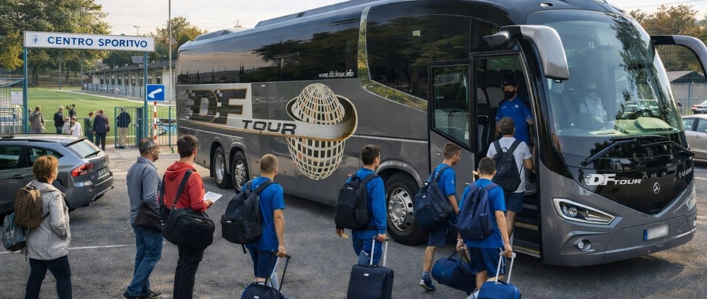 Squadra giovanile in trasferta sportiva che sale su un autobus con conducente vicino a un centro sportivo