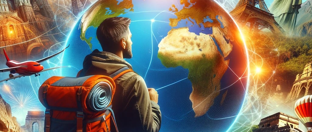 a man standing in front of a globe with a view of the world