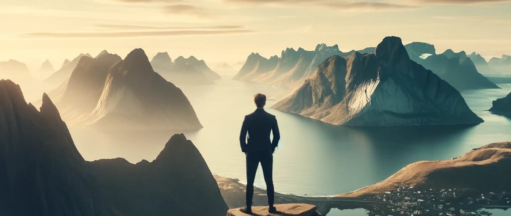 a man standing on a mountain top with a view of a lake and mountains