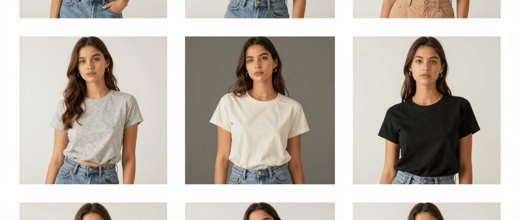 Nine women model a collection of eco-friendly, sustainable basic t-shirts in various colors including white, black, brown