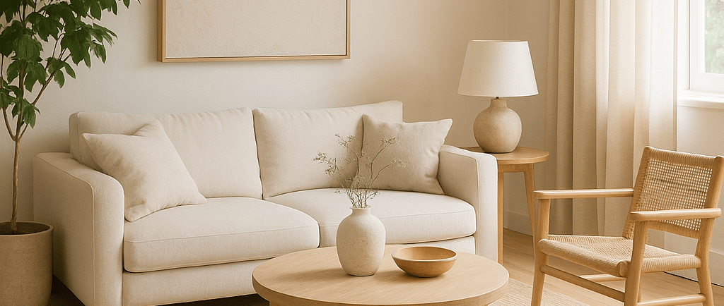 a living room with a couch and a table