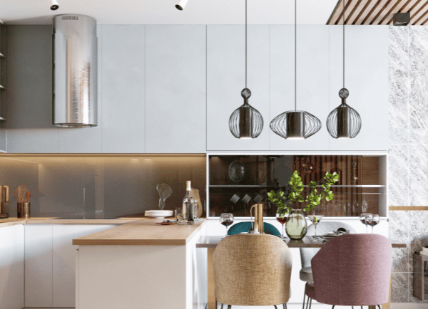 a kitchen with two chairs
